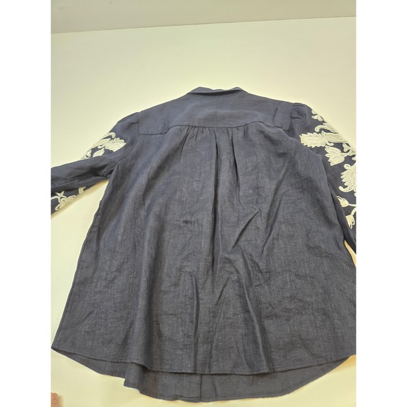 Chicos Linen Blouse Womens Size 2 12 Classic Navy Embroidered Ruffle Sleeve - Picture 6 of 13
